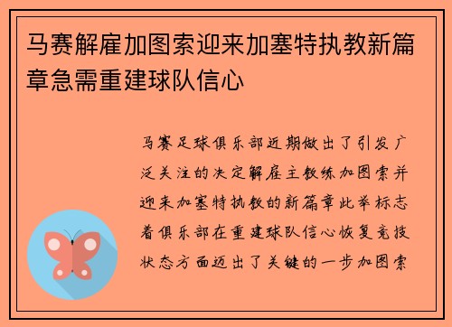 马赛解雇加图索迎来加塞特执教新篇章急需重建球队信心